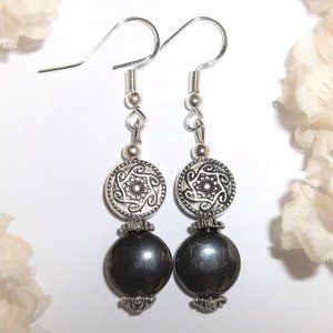 Earrings Silver and Dark Gray Hematite Beaded Jewelry Set Dangle Drop Gift A629